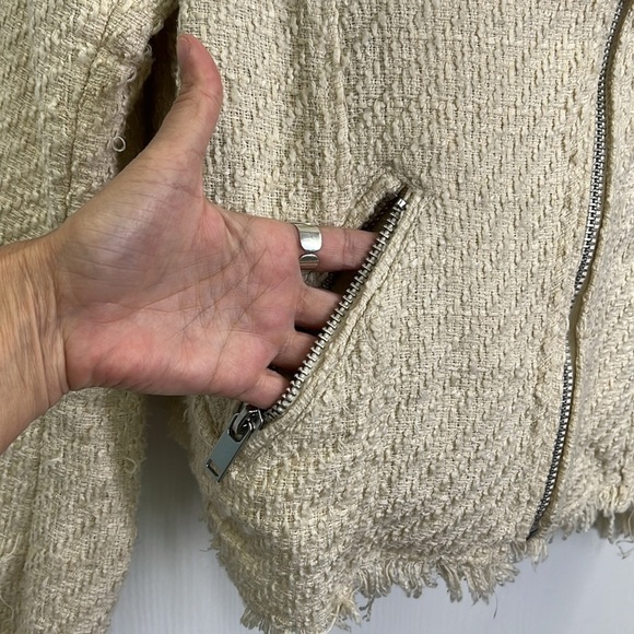 H&M - Cream Textured Tweed With Silver Hardware Moto Biker Jacket Size 6 - Picture 6 of 12
